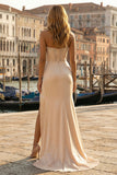 Sparkly Champagne Strapless Satin Long Corset Beaded Prom Dress with Slit