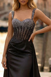 Sparkly Black Beaded Thick Straps Sheath Long Corset Prom Dress