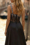 Sparkly Black Beaded Thick Straps Sheath Long Corset Prom Dress