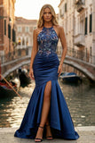 Navy Satin Halter Mermaid Floral Long Prom Dress with Slit