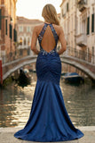 Navy Satin Halter Mermaid Floral Long Prom Dress with Slit