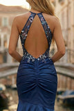 Navy Satin Halter Mermaid Floral Long Prom Dress with Slit