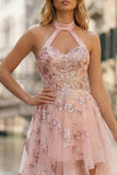 Sparkly Pink Appliqued Halter High-Low A Line Corset Prom Dress with Keyhole