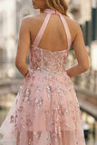 Sparkly Pink Appliqued Halter High-Low A Line Corset Prom Dress with Keyhole