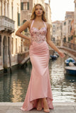 Pink Neck Halter Ruched Mermaid Appliqued Long Corset Prom Dress