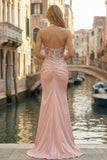 Pink Neck Halter Ruched Mermaid Appliqued Long Corset Prom Dress