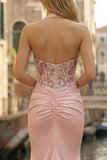 Pink Neck Halter Ruched Mermaid Appliqued Long Corset Prom Dress