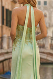 Sparkly Light Green Appliqued Neck Scarf Long Mermaid Corset Prom Dress with Slit