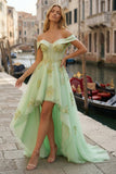 Sparkly Light Green Off the Shoulder Tulle High-Low Appliqued Corset Prom Dress