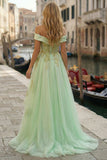 Sparkly Light Green Off the Shoulder Tulle High-Low Appliqued Corset Prom Dress