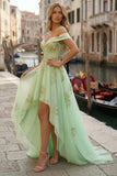 Sparkly Light Green Off the Shoulder Tulle High-Low Appliqued Corset Prom Dress
