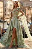 Sage Green One Shoulder Satin High-Low Appliqued Corset Prom Dress with Side Cape