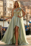 Sage Green One Shoulder Satin High-Low Appliqued Corset Prom Dress with Side Cape