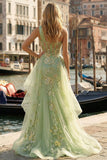 Light Green One Shoulder Appliqued Ruffled High-Low Mermaid Corset Prom Dress