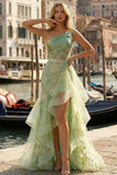 Light Green One Shoulder Appliqued Ruffled High-Low Mermaid Corset Prom Dress