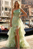 Light Green One Shoulder Appliqued Ruffled High-Low Mermaid Corset Prom Dress