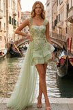 Sparkly Light Green Thick Straps Appliqued Ruffled Short Prom Dress with Cape