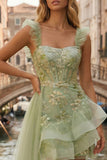 Sparkly Light Green Thick Straps Appliqued Ruffled Short Prom Dress with Cape