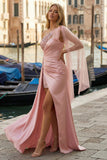 Pink Appliqued One Shoulder Long Ruched Prom Dress with Side Cape
