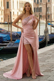 Pink Appliqued One Shoulder Long Ruched Prom Dress with Side Cape