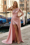 Pink Appliqued One Shoulder Long Ruched Prom Dress with Side Cape