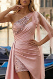Pink Appliqued One Shoulder Long Ruched Prom Dress with Side Cape