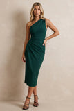Dark Green One Shoulder Ruched Midi Pencil Work Dress