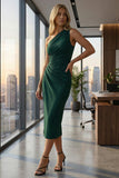 Dark Green One Shoulder Ruched Midi Pencil Work Dress