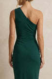 Dark Green One Shoulder Ruched Midi Pencil Work Dress