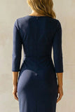 Bodycon Navy Round Neck Midi Ruched Work Dress with Sleeves