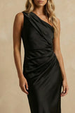 Black Ruched Satin Midi One Shoulder Bodycon Work Dress