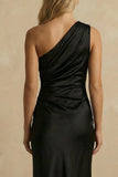 Black Ruched Satin Midi One Shoulder Bodycon Work Dress