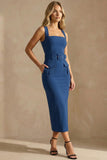 Ink Blue Bodycon Thick Straps Ankle Length Work Dress with Belt