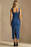 Ink Blue Bodycon Thick Straps Ankle Length Work Dress with Belt