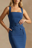 Ink Blue Bodycon Thick Straps Ankle Length Work Dress with Belt