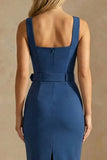 Ink Blue Bodycon Thick Straps Ankle Length Work Dress with Belt