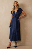 Navy V Neck Satin Ankle Length A Line Work Dress with Bow