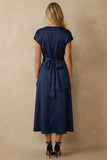 Navy V Neck Satin Ankle Length A Line Work Dress with Bow