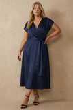 Navy V Neck Satin Ankle Length A Line Work Dress with Bow