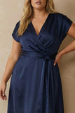 Navy V Neck Satin Ankle Length A Line Work Dress with Bow