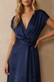 Navy V Neck Satin Ankle Length A Line Work Dress with Bow