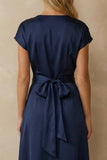 Navy V Neck Satin Ankle Length A Line Work Dress with Bow