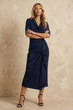 Ruffled Dark Navy Ankle Length Cowl Neck Pencil Work Dress with Slit