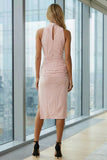 Pink Pencil Ruched High Neck Keyhole Midi Work Dress with Slit