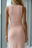 Pink Pencil Round Neck Ruched Midi Work Dress with Slit