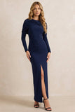 Sheath Navy Ruched Long Sleeves Work Dress with Slit