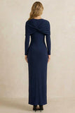 Sheath Navy Ruched Long Sleeves Work Dress with Slit