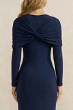 Sheath Navy Ruched Long Sleeves Work Dress with Slit