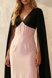 Black and Pink Sheath V Neck Long Work Dress with Slit