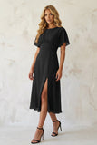 A Line Black Pleated Chiffon Midi Work Dress with Slit